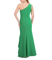 Vince Camuto Scuba Knit One-Shoulder Sleeveless Side Twist Ruffle High-Low Hem A-Line Gown