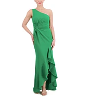 Vince Camuto Scuba Knit One-Shoulder Sleeveless Side Twist Ruffle High-Low Hem A-Line Gown