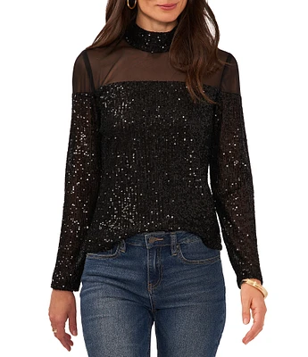 Vince Camuto Sequin Knit Mesh Mock Neck Long Sleeve Top