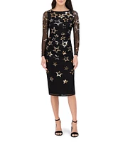 Vince Camuto Sequin Star Crew Neck Long Sleeve Sheath Dress