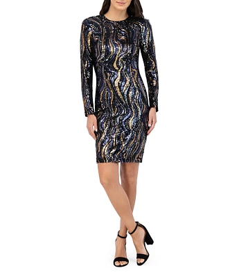 Vince Camuto Sequin Swirl Sheath Silhouette Boat Neck Long Sleeve Knee Length Dress