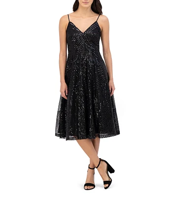 Vince Camuto Sequin V-Neck Sleeveless Fit and Flare Midi Dress