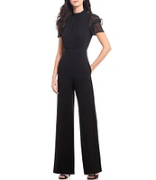 Vince Camuto Short Sleeve Mock Neck Chiffon Bodice Jumpsuit