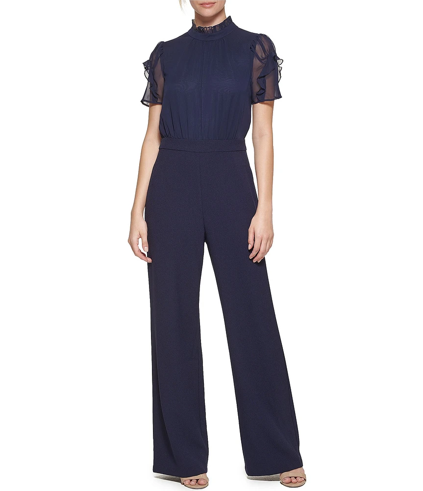 Vince Camuto Short Sleeve Mock Neck Chiffon Bodice Jumpsuit