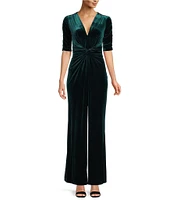 Vince Camuto Short Sleeve V-Neck Velvet Twist Wide Leg Jumpsuit