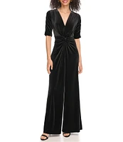 Vince Camuto Short Sleeve V-Neck Velvet Twist Wide Leg Jumpsuit