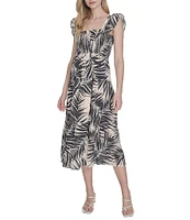 Vince Camuto Smocked Printed Square Neck Sleeveless Tiered Fit And Flare Midi Dress