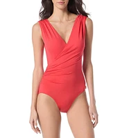 Vince Camuto Solid Surplice V-Neck Front Draping One Piece Swimsuit