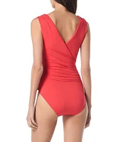 Vince Camuto Solid Surplice V-Neck Front Draping One Piece Swimsuit