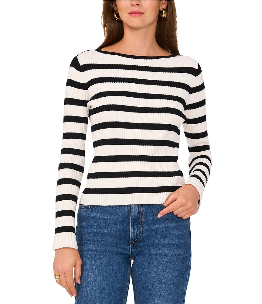 Vince Camuto Striped Ribbed Knit Boat Neck Long Sleeve Top