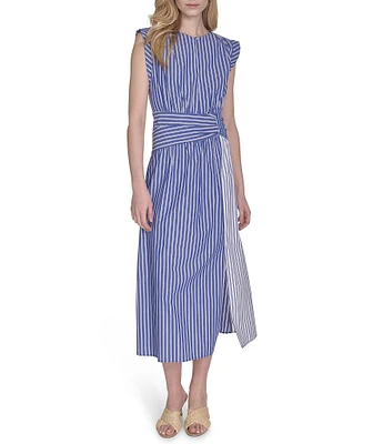Vince Camuto Striped Split Round Neck Sleeveless A-Line Midi Dress