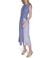 Vince Camuto Striped Split Round Neck Sleeveless A-Line Midi Dress