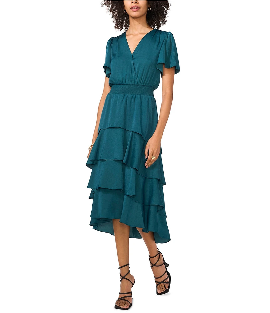 Vince Camuto Surplice V-Neck Short Flutter Sleeve Smocked Waist A-Line Tiered Midi Dress