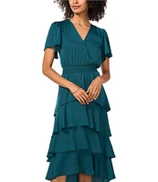 Vince Camuto Surplice V-Neck Short Flutter Sleeve Smocked Waist A-Line Tiered Midi Dress