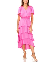 Vince Camuto Surplice V-Neck Short Flutter Sleeve Smocked Waist A-Line Tiered Midi Dress