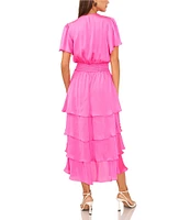 Vince Camuto Surplice V-Neck Short Flutter Sleeve Smocked Waist A-Line Tiered Midi Dress