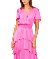 Vince Camuto Surplice V-Neck Short Flutter Sleeve Smocked Waist A-Line Tiered Midi Dress