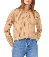 Vince Camuto Sweater Knit Dot Cut Out Crew Neck Dropped Long Sleeve Button Front Cardigan