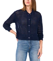 Vince Camuto Sweater Knit Dot Cut Out Crew Neck Dropped Long Sleeve Button Front Cardigan