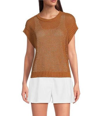 Vince Camuto Sweater Pointelle Crew Neck Short Sleeve Vest