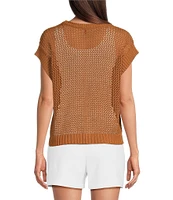 Vince Camuto Sweater Pointelle Crew Neck Short Sleeve Vest