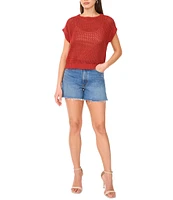 Vince Camuto Sweater Pointelle Crew Neck Short Sleeve Vest