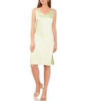 Vince Camuto Textured Satin V-Neck Sleeveless Side Slit Knee Length Slip Dress