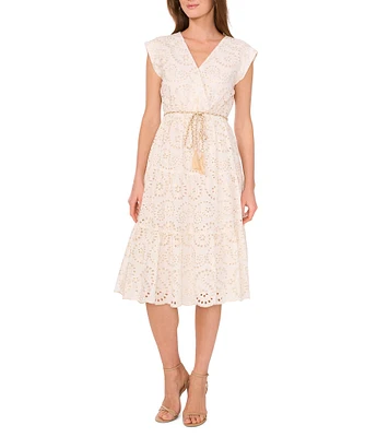Vince Camuto V-Neck Cap Sleeve Embroidered Eyelet Belted Faux Wrap Midi Dress