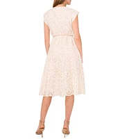 Vince Camuto V-Neck Cap Sleeve Embroidered Eyelet Belted Faux Wrap Midi Dress