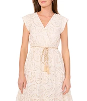 Vince Camuto V-Neck Cap Sleeve Embroidered Eyelet Belted Faux Wrap Midi Dress