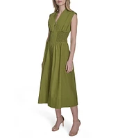 Vince Camuto V-Neck Cap Sleeve Smocked Waist Midi Dress