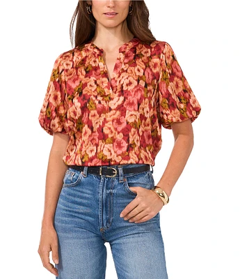 Vince Camuto V-Neck Short Puffed Sleeve Floral Blouse