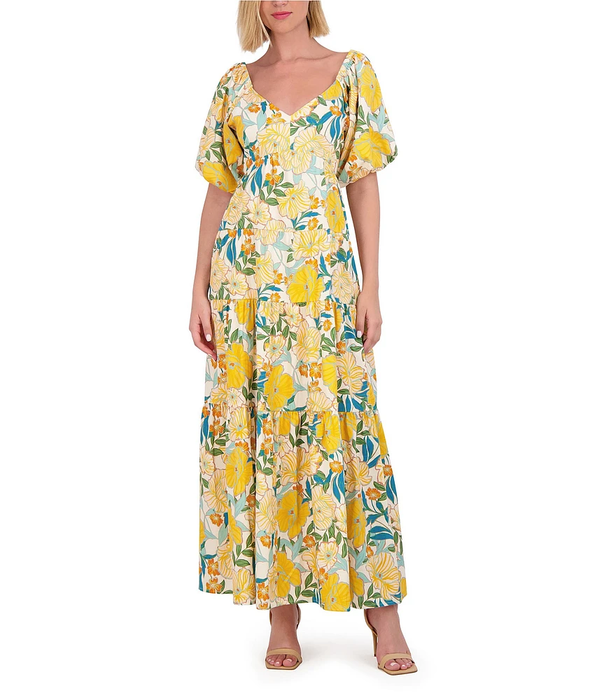 Vince Camuto V-Neck Short Sleeve Floral Maxi Dress