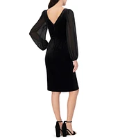 Vince Camuto Velvet Sheath Boat Neck Ruched Twist Front Long Sleeve Dress