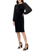 Vince Camuto Velvet Sheath Boat Neck Ruched Twist Front Long Sleeve Dress