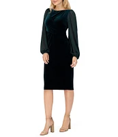 Vince Camuto Velvet Sheath Boat Neck Ruched Twist Front Long Sleeve Dress