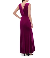 Vince Camuto Velvet Split V Neck Sleeveless Ruched Body Sheath Long Gown