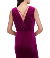 Vince Camuto Velvet Split V Neck Sleeveless Ruched Body Sheath Long Gown