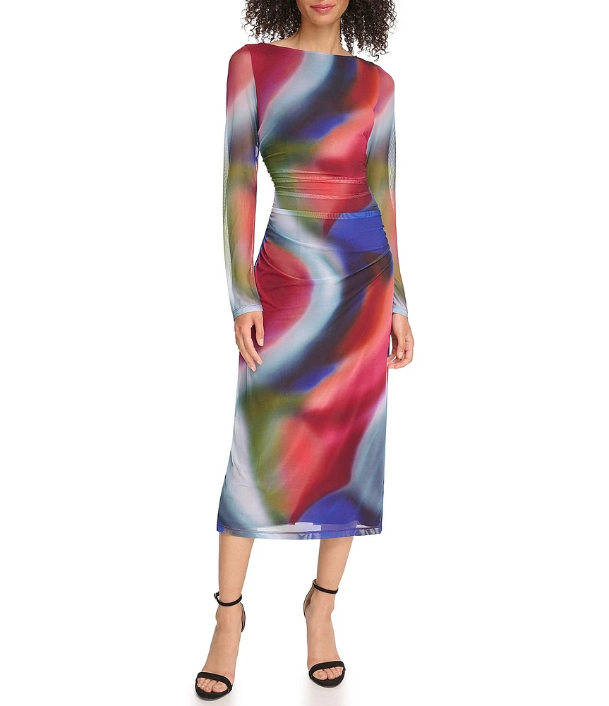 Vince Camuto Watercolor Swirl Abstract Print Long Sleeve Boat Neck Mesh Midi Bodycon Dress