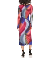 Vince Camuto Watercolor Swirl Abstract Print Long Sleeve Boat Neck Mesh Midi Bodycon Dress