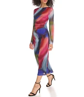 Vince Camuto Watercolor Swirl Abstract Print Long Sleeve Boat Neck Mesh Midi Bodycon Dress