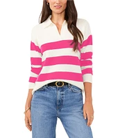 Vince Camuto Wide Striped Long Sleeve Point Collar Ribbed Cuff Knit Sweater