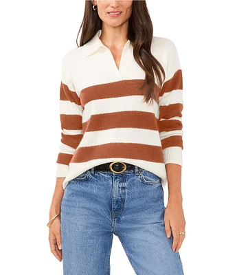 Vince Camuto Wide Striped Long Sleeve Point Collar Ribbed Cuff Knit Sweater