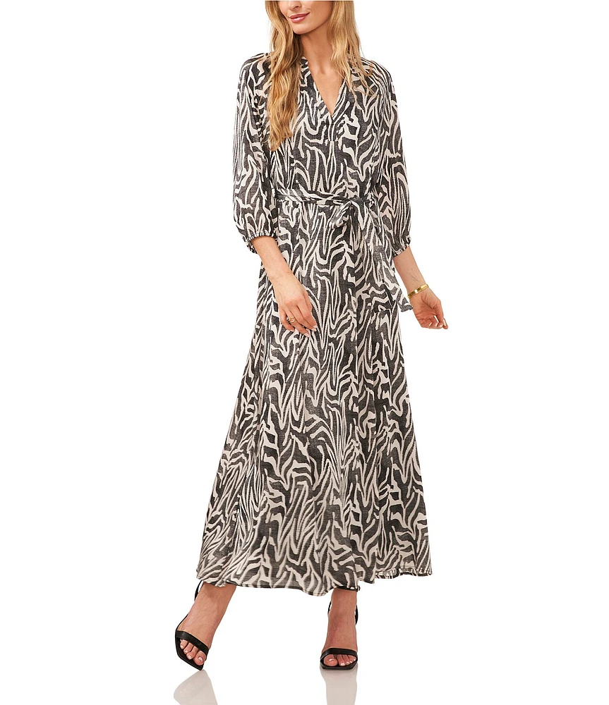 Vince Camuto Wild Zebra Print Satin Yoryu V-Neck 3/4 Sleeve Belted Tie Waist A-Line Maxi Dress