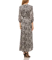 Vince Camuto Wild Zebra Print Satin Yoryu V-Neck 3/4 Sleeve Belted Tie Waist A-Line Maxi Dress