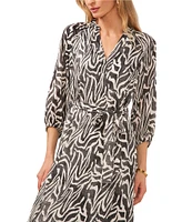 Vince Camuto Wild Zebra Print Satin Yoryu V-Neck 3/4 Sleeve Belted Tie Waist A-Line Maxi Dress