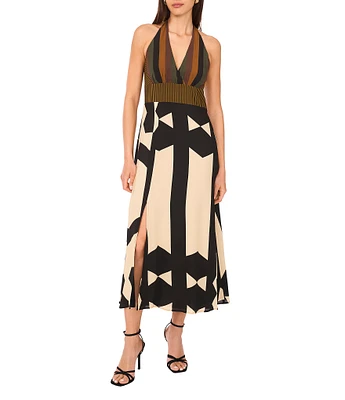 Vince Camuto Woven Abstract Print V-Neck Sleeveless Printed Midi Dress