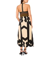 Vince Camuto Woven Abstract Print V-Neck Sleeveless Printed Midi Dress