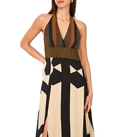 Vince Camuto Woven Abstract Print V-Neck Sleeveless Printed Midi Dress