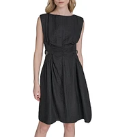Vince Camuto Woven Boat Neck Sleeveless Ruched Fit and Flare Dress